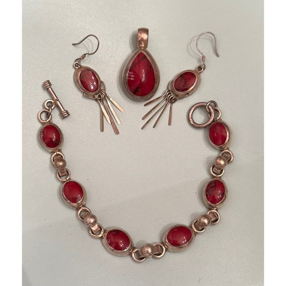Sterling Silver Red Jasper Stone Pendant Earrings Bracelet Jewelry Set - Picture 1 of 7